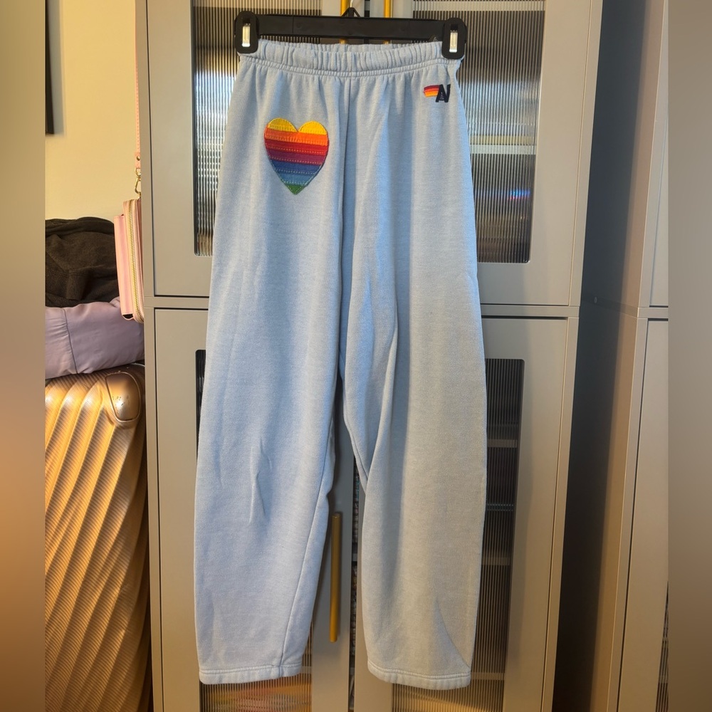 Aviator Nation Light Blue Joggers with Rainbow Heart
